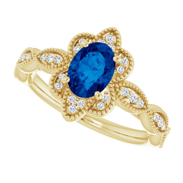 14K Gold Oval Lab-Grown Blue Sapphire & Natural Diamond Accented Ring – 7x5mm - Yellow Gold - view 5