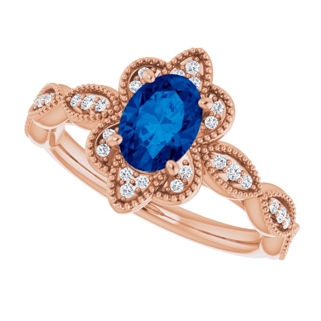14K Gold Oval Lab-Grown Blue Sapphire & Natural Diamond Accented Ring – 7x5mm - Rose Gold - view 5
