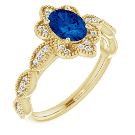 14K Gold Oval Lab-Grown Blue Sapphire & Natural Diamond Accented Ring – 7x5mm - Yellow Gold