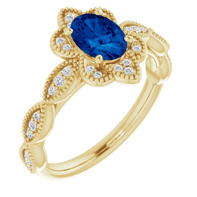 14K Gold Oval Lab-Grown Blue Sapphire & Natural Diamond Accented Ring – 7x5mm - Yellow Gold