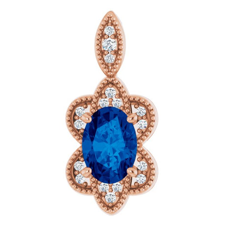14K Gold Oval Natural Blue Sapphire & Natural Diamond Halo-Style Pendant – 0.06 CTW - Rose Gold