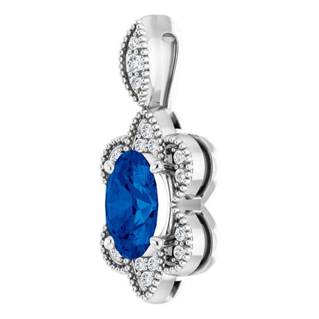 Platinum Oval Natural Blue Sapphire & Natural Diamond Halo-Style Pendant - view 2