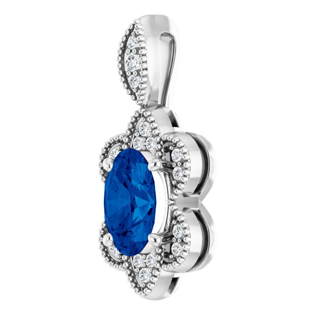 Platinum Oval Natural Blue Sapphire & Natural Diamond Halo-Style Pendant - view 2