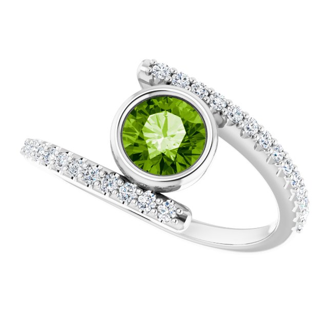 14K Gold Round Natural Peridot & Natural Diamond Bezel-Set Accented Ring - White Gold - view 5
