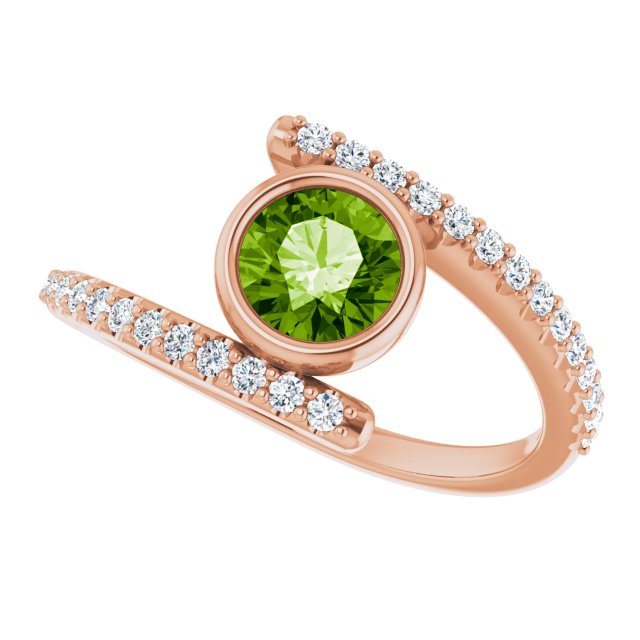 14K Gold Round Natural Peridot & Natural Diamond Bezel-Set Accented Ring - Rose Gold - view 5