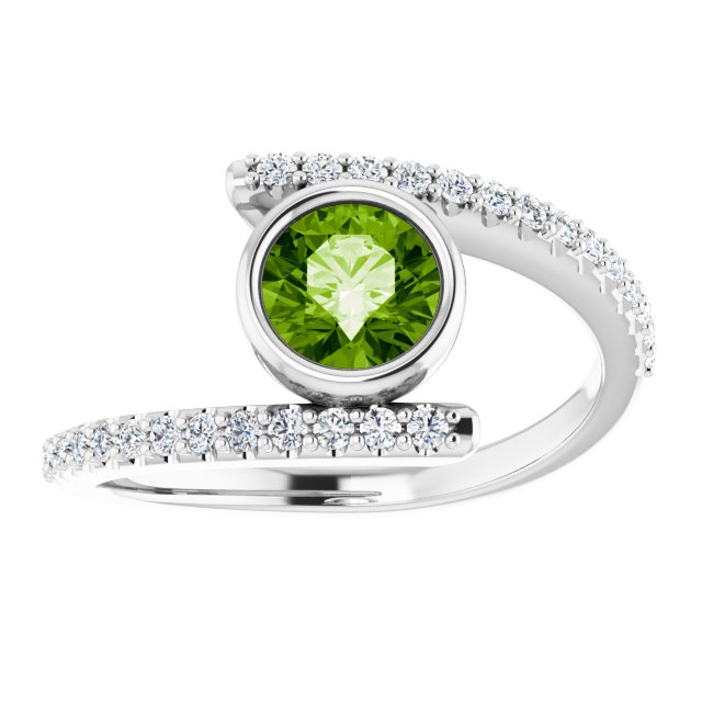 14K Gold Round Natural Peridot & Natural Diamond Bezel-Set Accented Ring - White Gold - view 3
