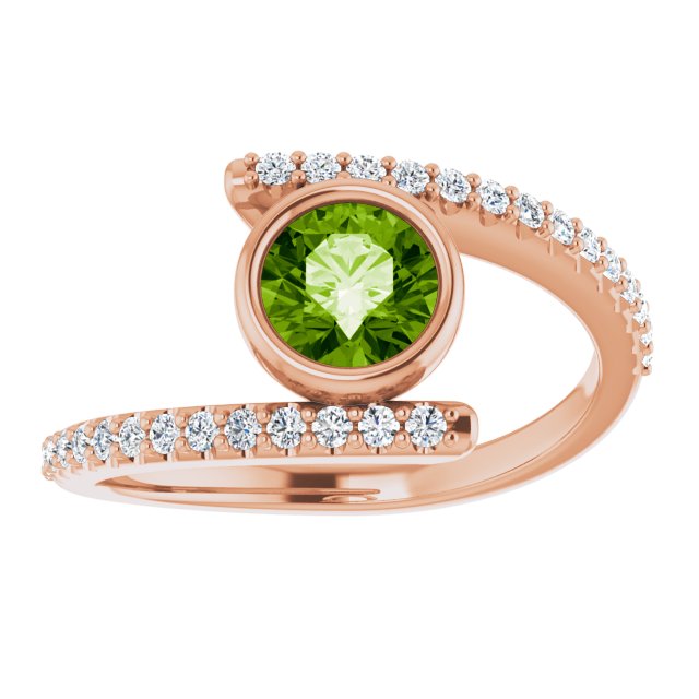 14K Gold Round Natural Peridot & Natural Diamond Bezel-Set Accented Ring - Rose Gold - view 3