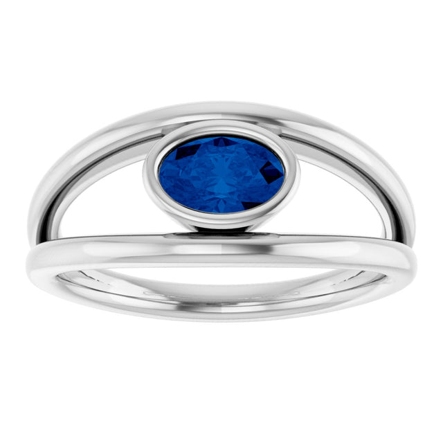 Platinum Oval Natural Blue Sapphire Bezel-Set Solitaire Negative Space Ring - view 3