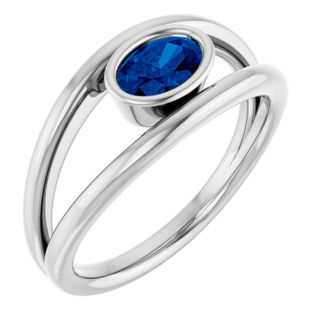 14K Gold Oval Natural Blue Sapphire Bezel-Set Solitaire Negative Space Ring - White Gold