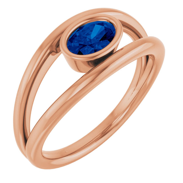 14K Gold Oval Natural Blue Sapphire Bezel-Set Solitaire Negative Space Ring - Rose Gold