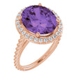 14K Gold Oval Natural Amethyst & Natural Diamond Halo-Style Rope Ring - Rose Gold