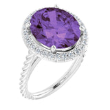 Platinum Oval Natural Amethyst & Natural Diamond Halo-Style Rope Ring