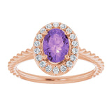 14K Gold Oval Natural Amethyst & Natural Diamond Halo-Style Rope Ring - Rose Gold - view 3