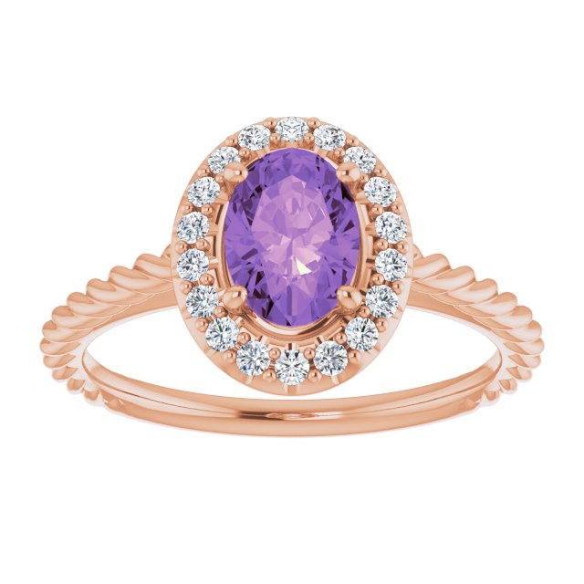 14K Gold Oval Natural Amethyst & Natural Diamond Halo-Style Rope Ring - Rose Gold - view 3
