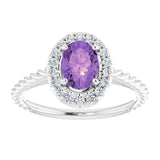 14K Gold Oval Natural Amethyst & Natural Diamond Halo-Style Rope Ring - White Gold - view 3