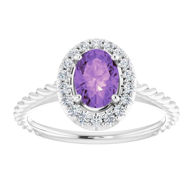 14K Gold Oval Natural Amethyst & Natural Diamond Halo-Style Rope Ring - White Gold - view 3