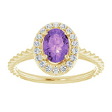 14K Gold Oval Natural Amethyst & Natural Diamond Halo-Style Rope Ring - Yellow Gold - view 3