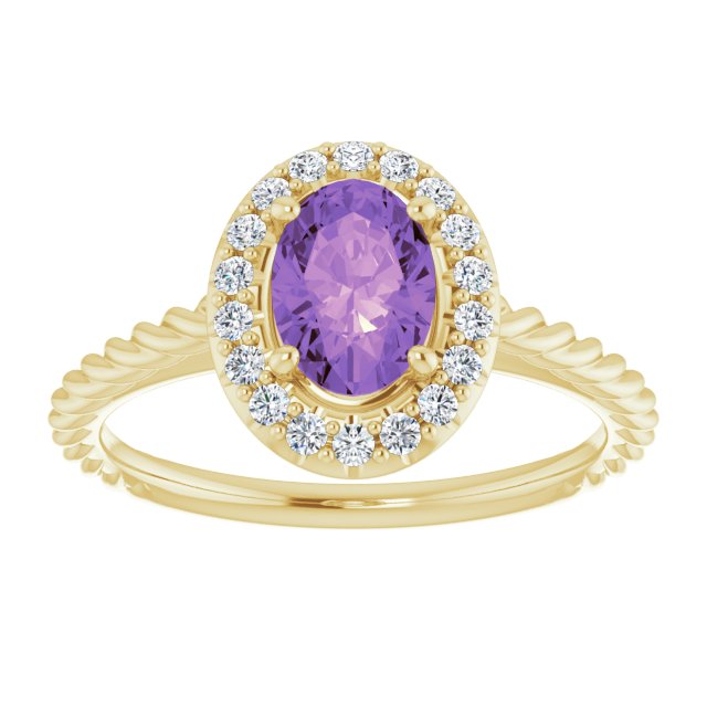 14K Gold Oval Natural Amethyst & Natural Diamond Halo-Style Rope Ring - Yellow Gold - view 3