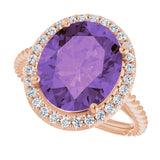 14K Gold Oval Natural Amethyst & Natural Diamond Halo-Style Rope Ring - Rose Gold - view 5