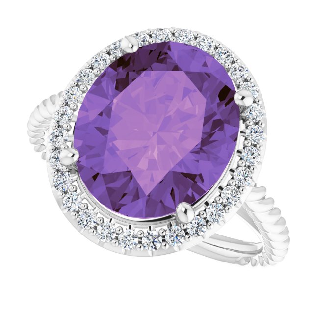 14K Gold Oval Natural Amethyst & Natural Diamond Halo-Style Rope Ring - White Gold - view 5