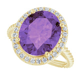 14K Gold Oval Natural Amethyst & Natural Diamond Halo-Style Rope Ring - Yellow Gold - view 5