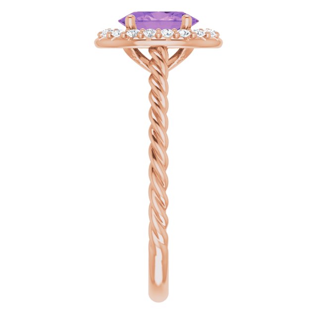 14K Gold Oval Natural Amethyst & Natural Diamond Halo-Style Rope Ring - Rose Gold - view 4
