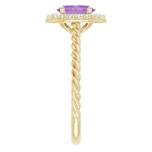 14K Gold Oval Natural Amethyst & Natural Diamond Halo-Style Rope Ring - Yellow Gold - view 4