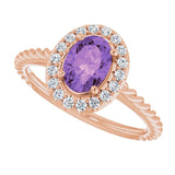 14K Gold Oval Natural Amethyst & Natural Diamond Halo-Style Rope Ring - Rose Gold - view 5