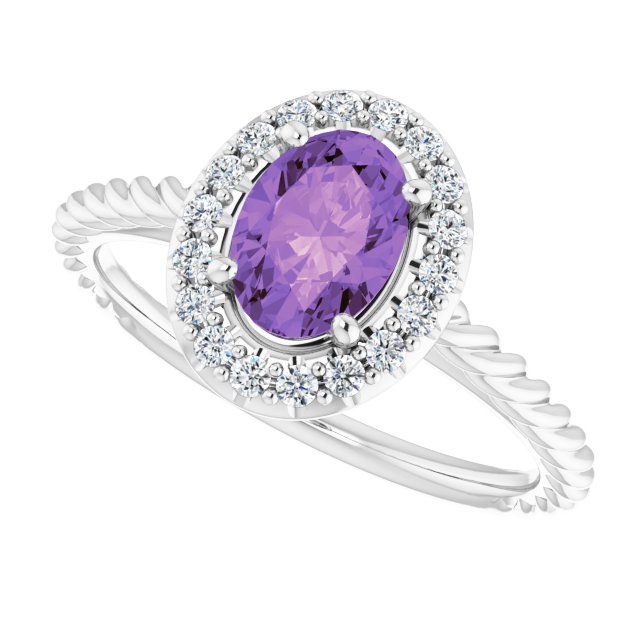 14K Gold Oval Natural Amethyst & Natural Diamond Halo-Style Rope Ring - White Gold - view 5