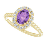 14K Gold Oval Natural Amethyst & Natural Diamond Halo-Style Rope Ring - Yellow Gold - view 5