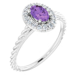 Platinum Oval Natural Amethyst & Natural Diamond Halo-Style Rope Ring