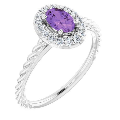 Platinum Oval Natural Amethyst & Natural Diamond Halo-Style Rope Ring