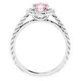 14K Gold Oval Natural Pink Morganite & Natural Diamond Halo-Style Rope Ring - White Gold - view 2