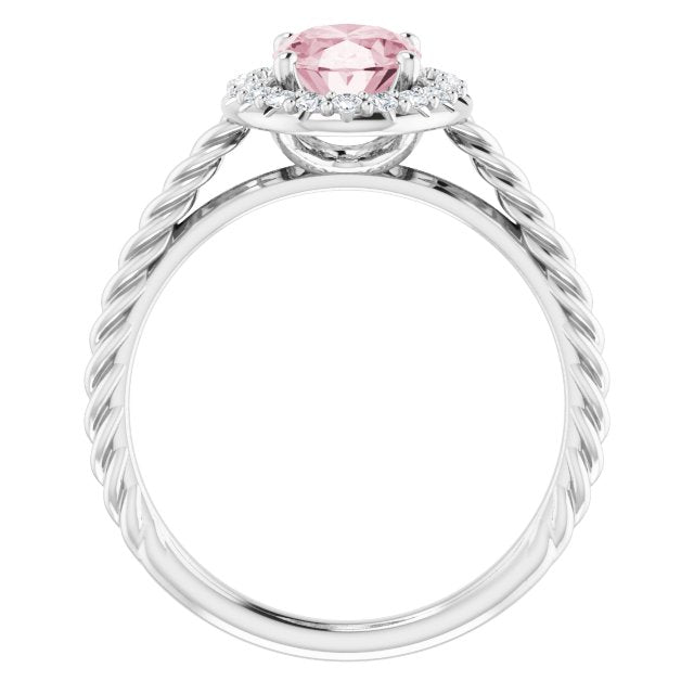 14K Gold Oval Natural Pink Morganite & Natural Diamond Halo-Style Rope Ring - White Gold - view 2