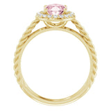 14K Gold Oval Natural Pink Morganite & Natural Diamond Halo-Style Rope Ring - Yellow Gold - view 2