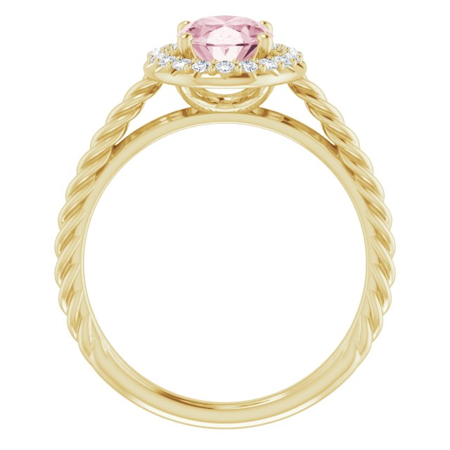 14K Gold Oval Natural Pink Morganite & Natural Diamond Halo-Style Rope Ring - Yellow Gold - view 2