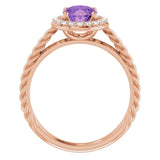 14K Gold Oval Natural Amethyst & Natural Diamond Halo-Style Rope Ring - Rose Gold - view 2