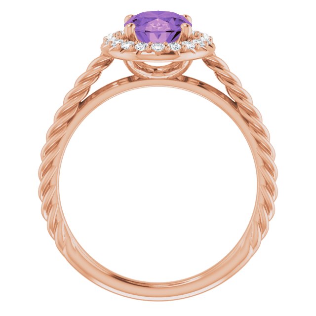 14K Gold Oval Natural Amethyst & Natural Diamond Halo-Style Rope Ring - Rose Gold - view 2