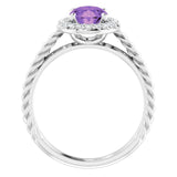 14K Gold Oval Natural Amethyst & Natural Diamond Halo-Style Rope Ring - White Gold - view 2