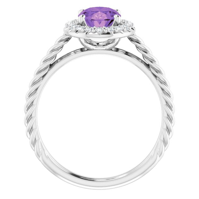 14K Gold Oval Natural Amethyst & Natural Diamond Halo-Style Rope Ring - White Gold - view 2