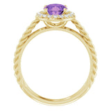 14K Gold Oval Natural Amethyst & Natural Diamond Halo-Style Rope Ring - Yellow Gold - view 2