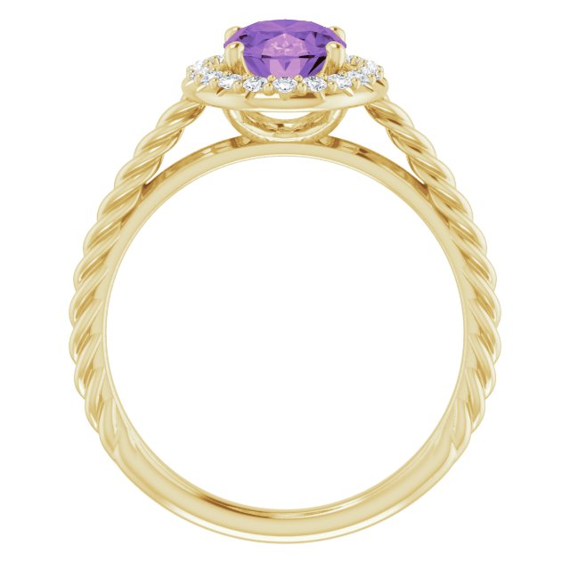 14K Gold Oval Natural Amethyst & Natural Diamond Halo-Style Rope Ring - Yellow Gold - view 2