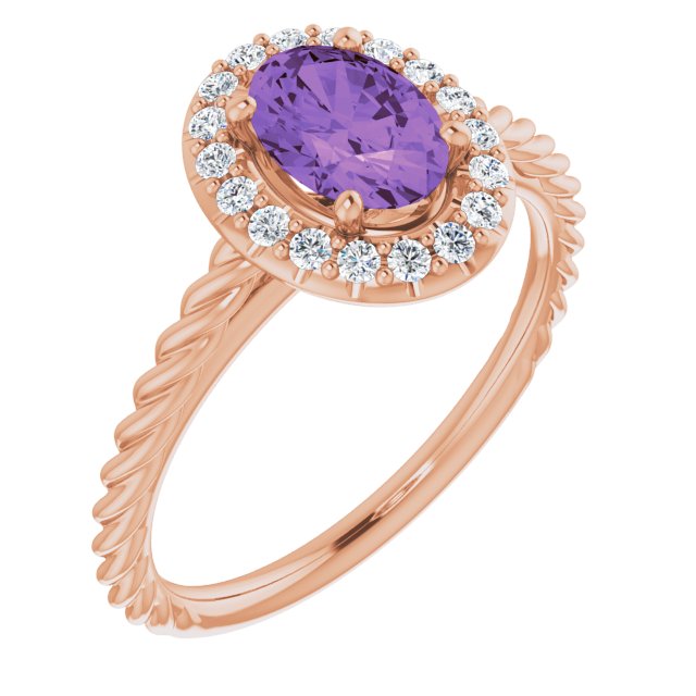 14K Gold Oval Natural Amethyst & Natural Diamond Halo-Style Rope Ring - Rose Gold