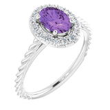 Platinum Oval Natural Amethyst & Natural Diamond Halo-Style Rope Ring