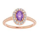 14K Gold Oval Natural Amethyst & Natural Diamond Halo-Style Rope Ring - Rose Gold - view 3
