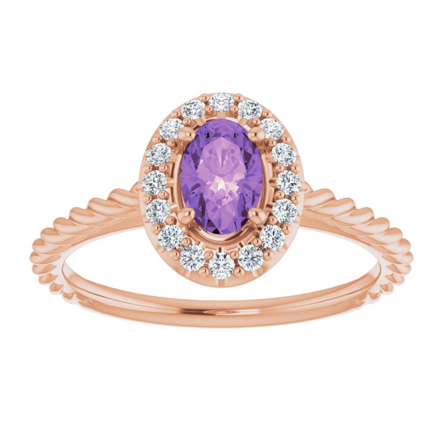 14K Gold Oval Natural Amethyst & Natural Diamond Halo-Style Rope Ring - Rose Gold - view 3