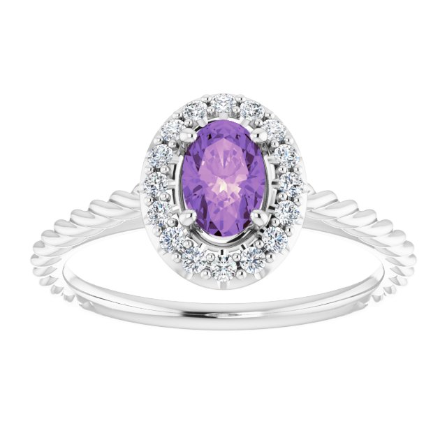 Platinum Oval Natural Amethyst & Natural Diamond Halo-Style Rope Ring - view 3