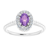 14K Gold Oval Natural Amethyst & Natural Diamond Halo-Style Rope Ring - White Gold - view 3