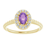 14K Gold Oval Natural Amethyst & Natural Diamond Halo-Style Rope Ring - Yellow Gold - view 3