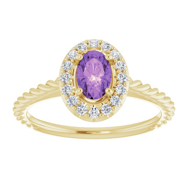 14K Gold Oval Natural Amethyst & Natural Diamond Halo-Style Rope Ring - Yellow Gold - view 3